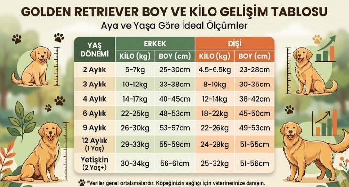 Golden Retreiver Aya Göre İdeal Boy Kilo Tablosu